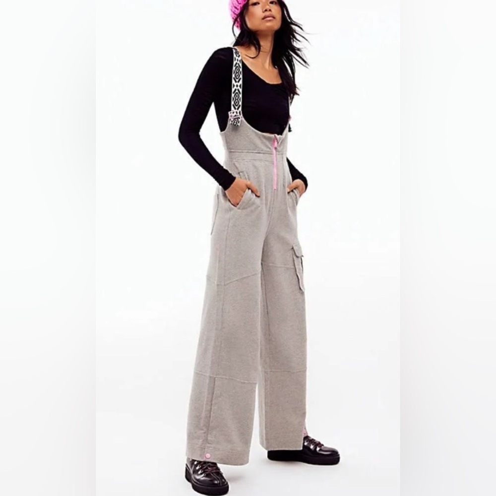 Free People Movement Twin Tipped Slopette Overalls Gray Pink Aztec Suspenders XS